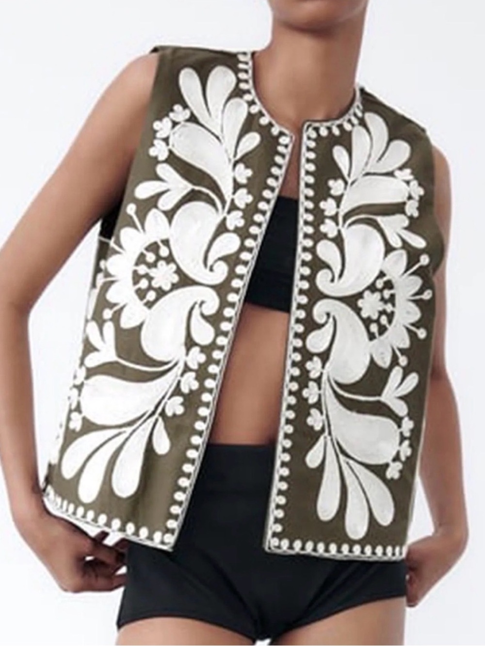 Zara Embroidered Sleeveless Vest with White Floral Embroidery